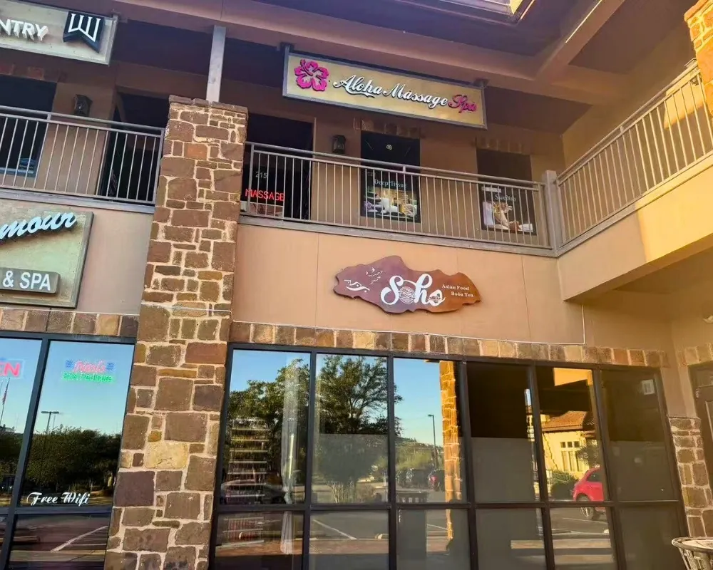 Exterior view of the restaurant’s stone-clad building at SOHO Asian Fusion, a Asian Fusion Restaurant in Austin.