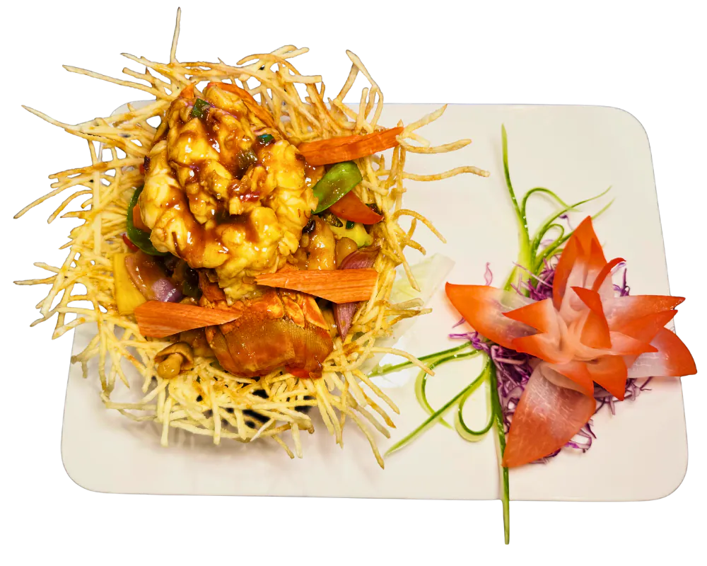 Crispy noodle nest with savory seafood mix at SOHO Asian Fusion, a Asian Fusion Restaurant in Austin.