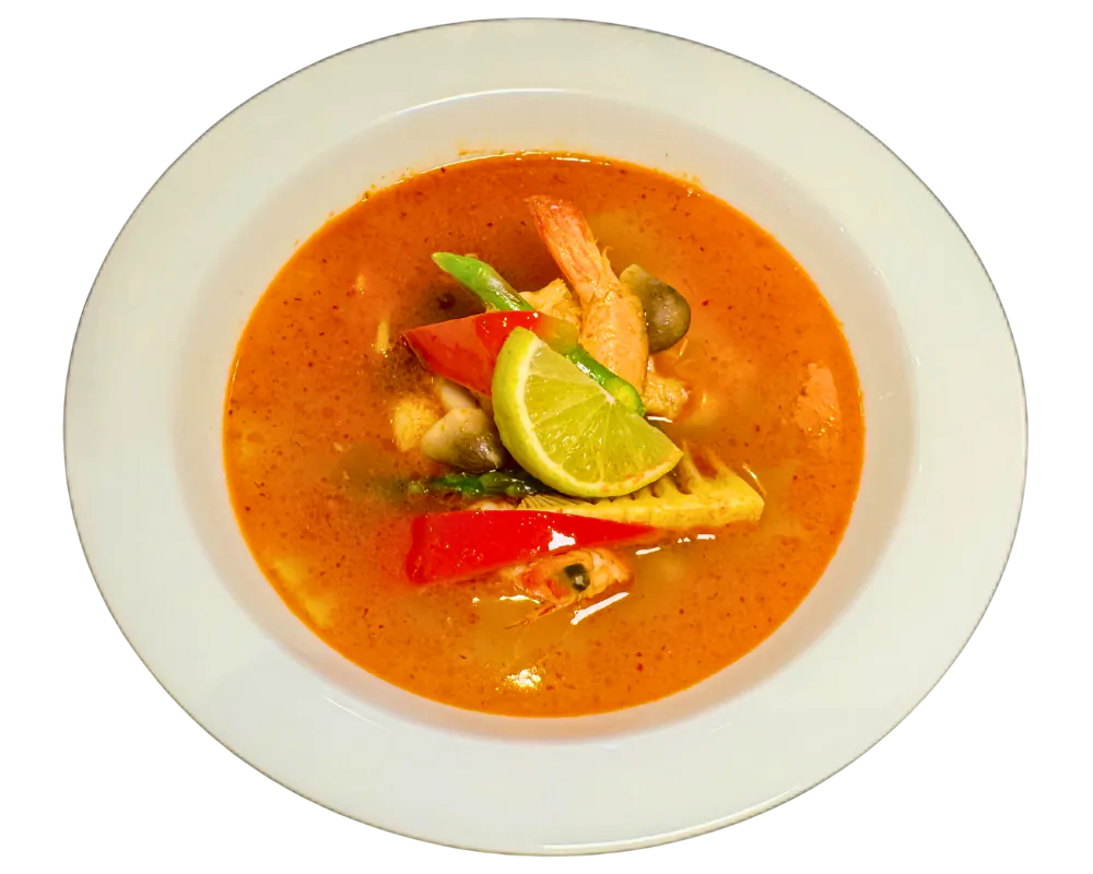 Spicy and sour Thai seafood Tom Yum soup with lime at SOHO Asian Fusion, a Asian Fusion Restaurant in Austin.